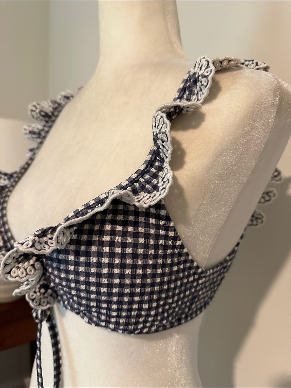 J. Crew Navy Gingham Ruffle Tie-Front Bikini Top/Bralette